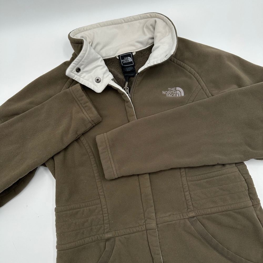The North Face Womens Small Full Zip Fleece Jacket Green Snap Collar Preppy Coat